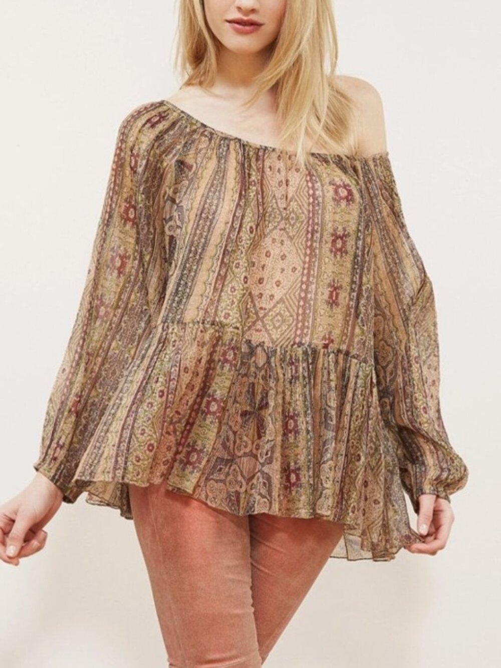 Mes Demoiselles Alyssa Top Blouse Metallic Thread Peasant Sheer Shimmer Sz 8